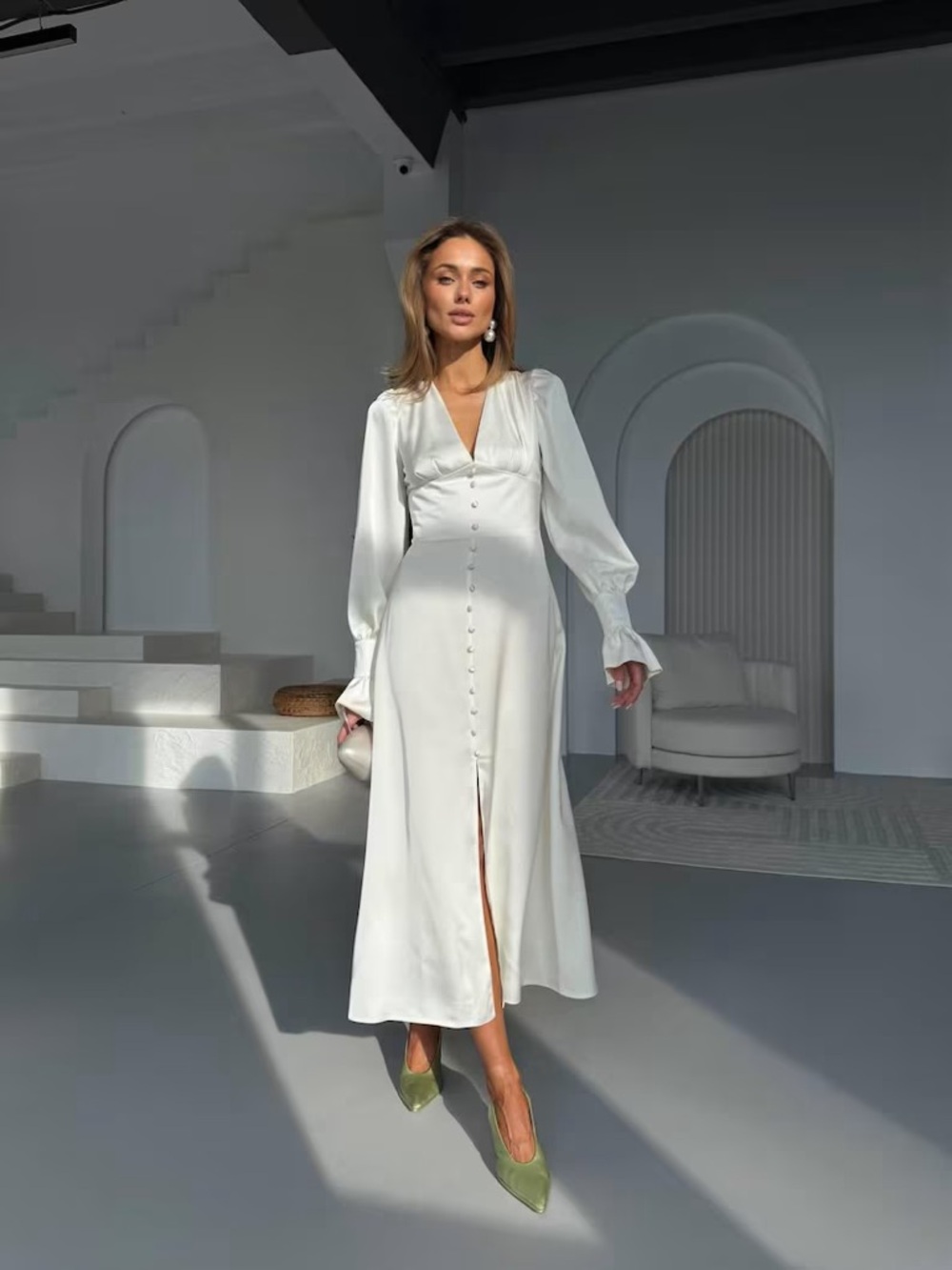 Elegant Ivory Satin Button-Front Maxi Dress